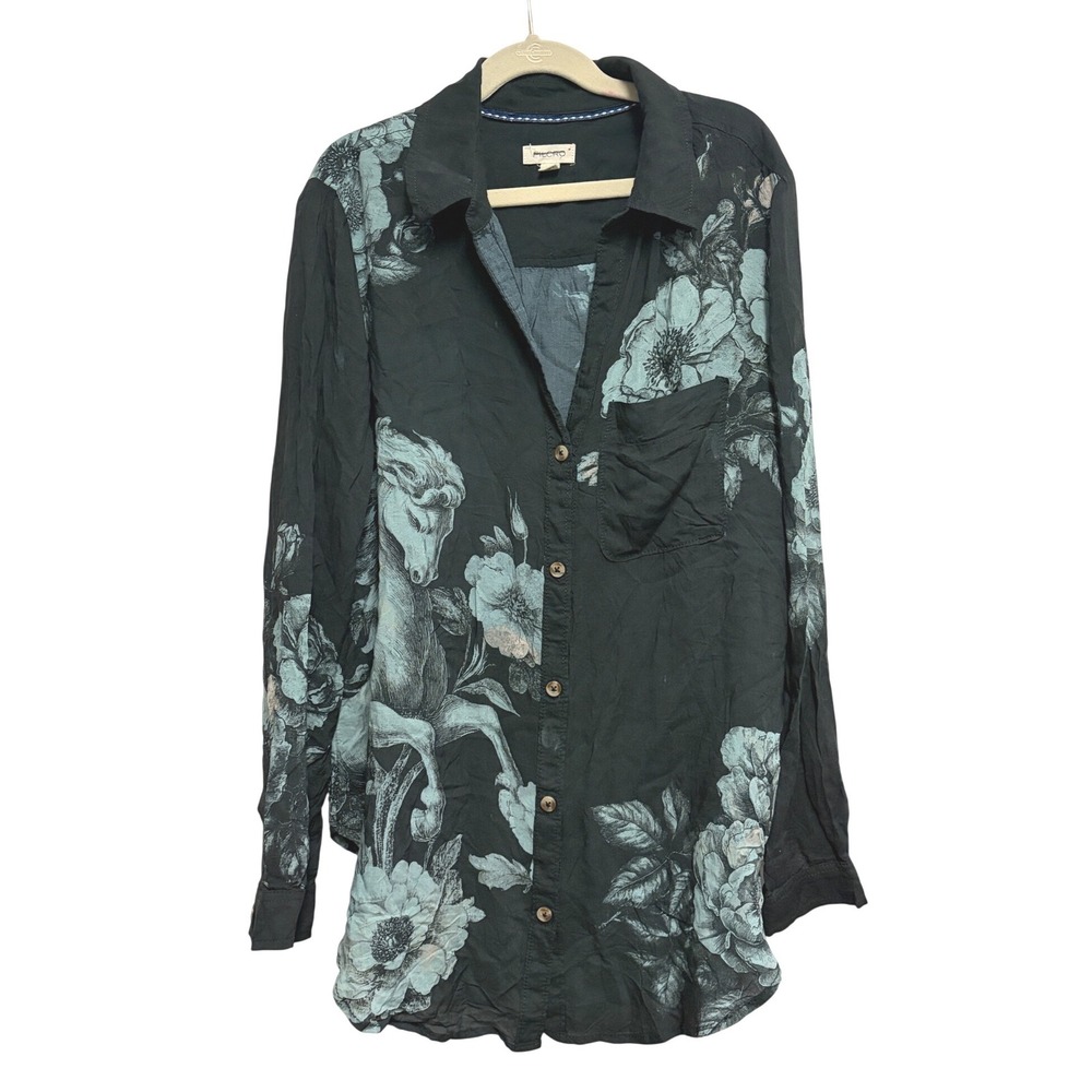 Anthropologie Pilcro Button Down Black Floral Horse Romy Relaxed Shirt XXS